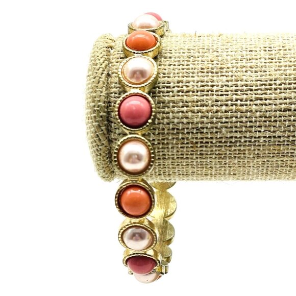 Beaded Bangle Bracelet Pink Cabochon Gold Tone Pearlescent Peach - Picture 1 of 6